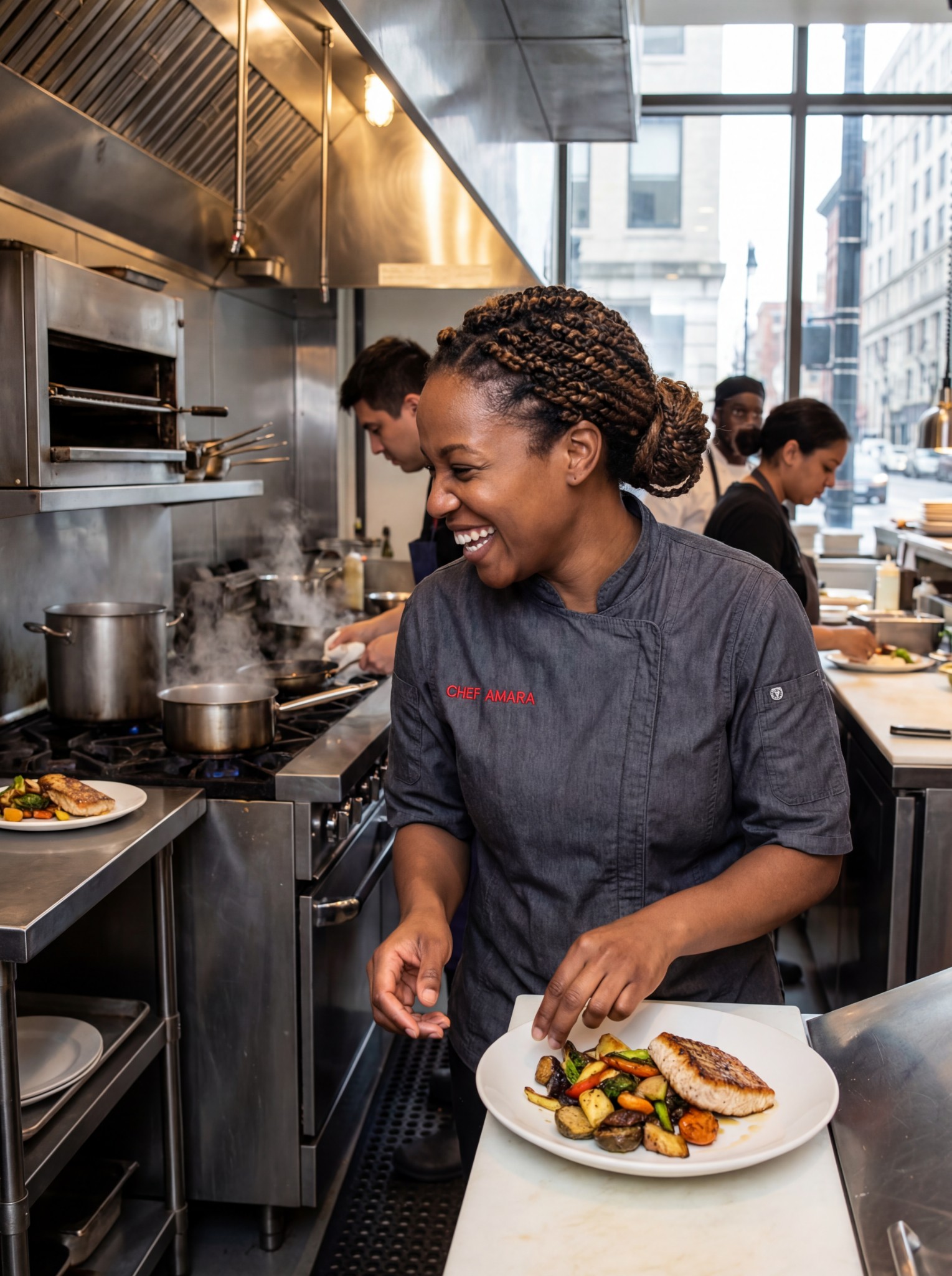Chef Connie Washington cooking in professional kitchen
